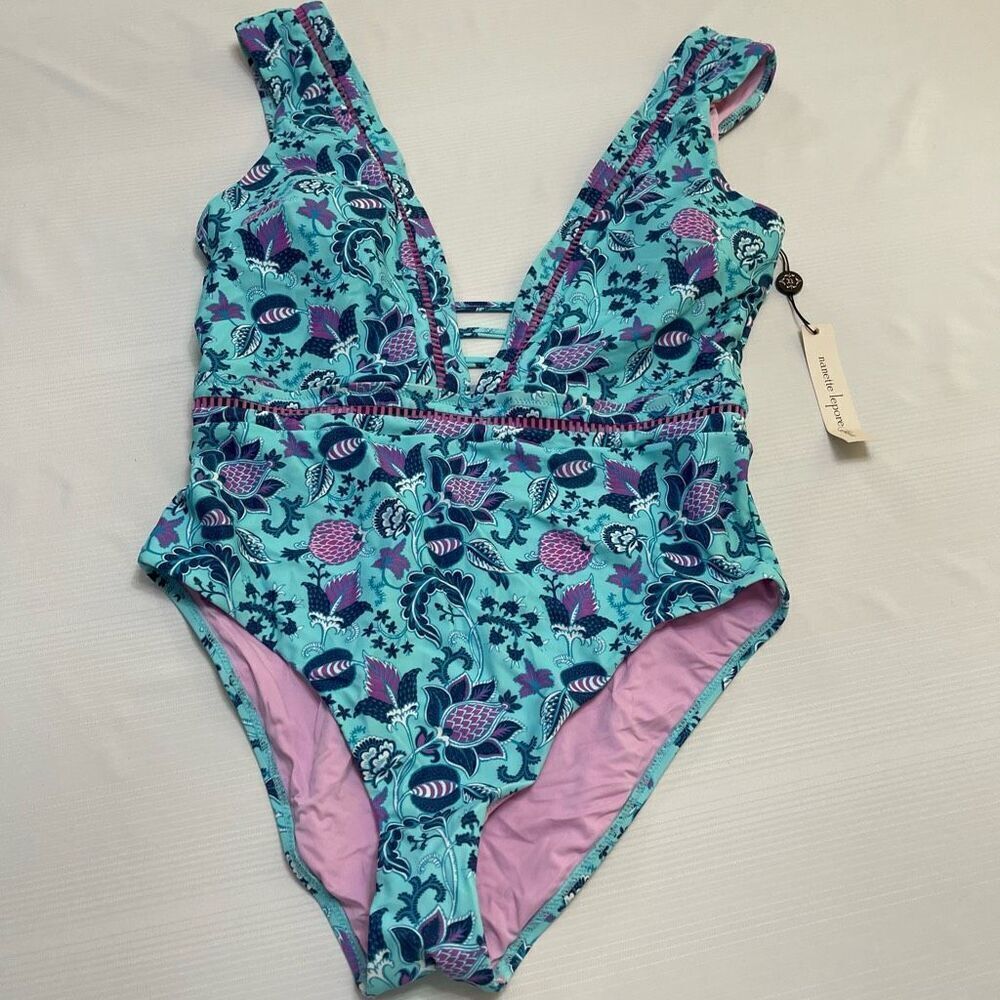 Nanette Lepore Blue Floral Plunge Neckline 1-Piece Swimsuit $162 NWT Size 12